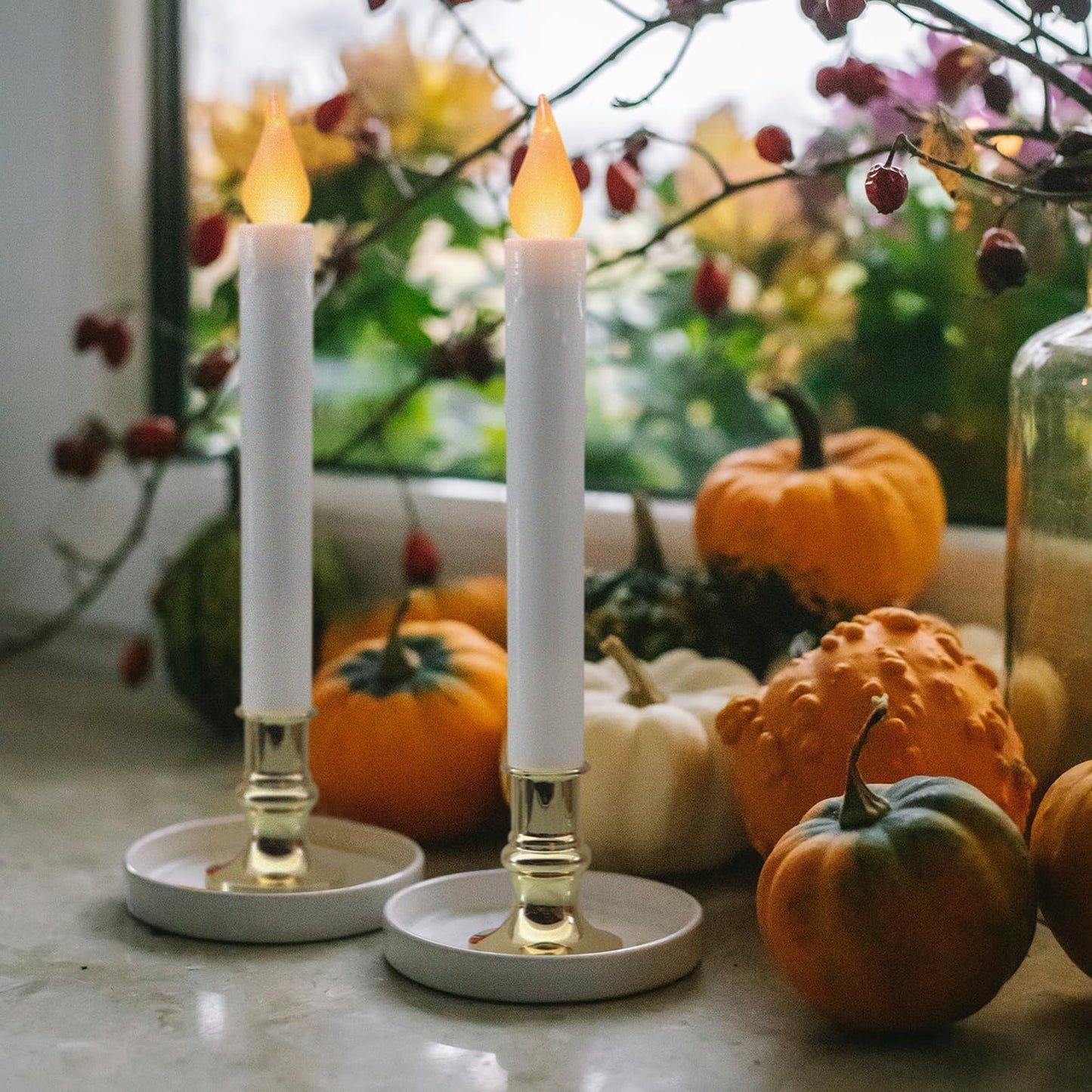 LED White Taper Candles with Gold Holders Pack of 2 with 5/19 Timer, Elegant Flameless Glow for Home Décor, Batteries Included