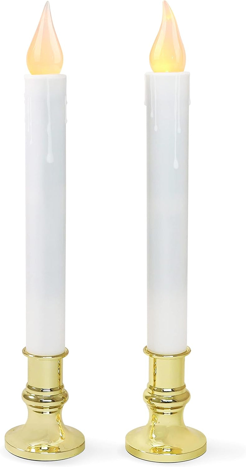 LED White Taper Candles with Gold Holders Pack of 2 with 5/19 Timer, Elegant Flameless Glow for Home Décor, Batteries Included