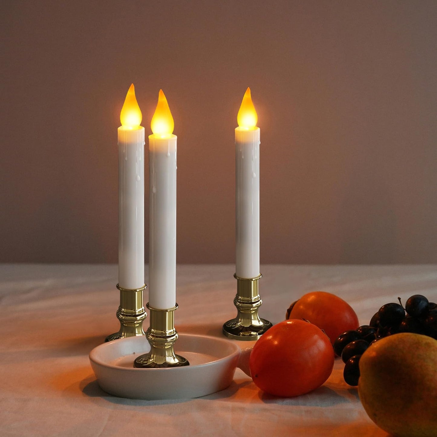 LED White Taper Candles with Gold Holders Pack of 2 with 5/19 Timer, Elegant Flameless Glow for Home Décor, Batteries Included
