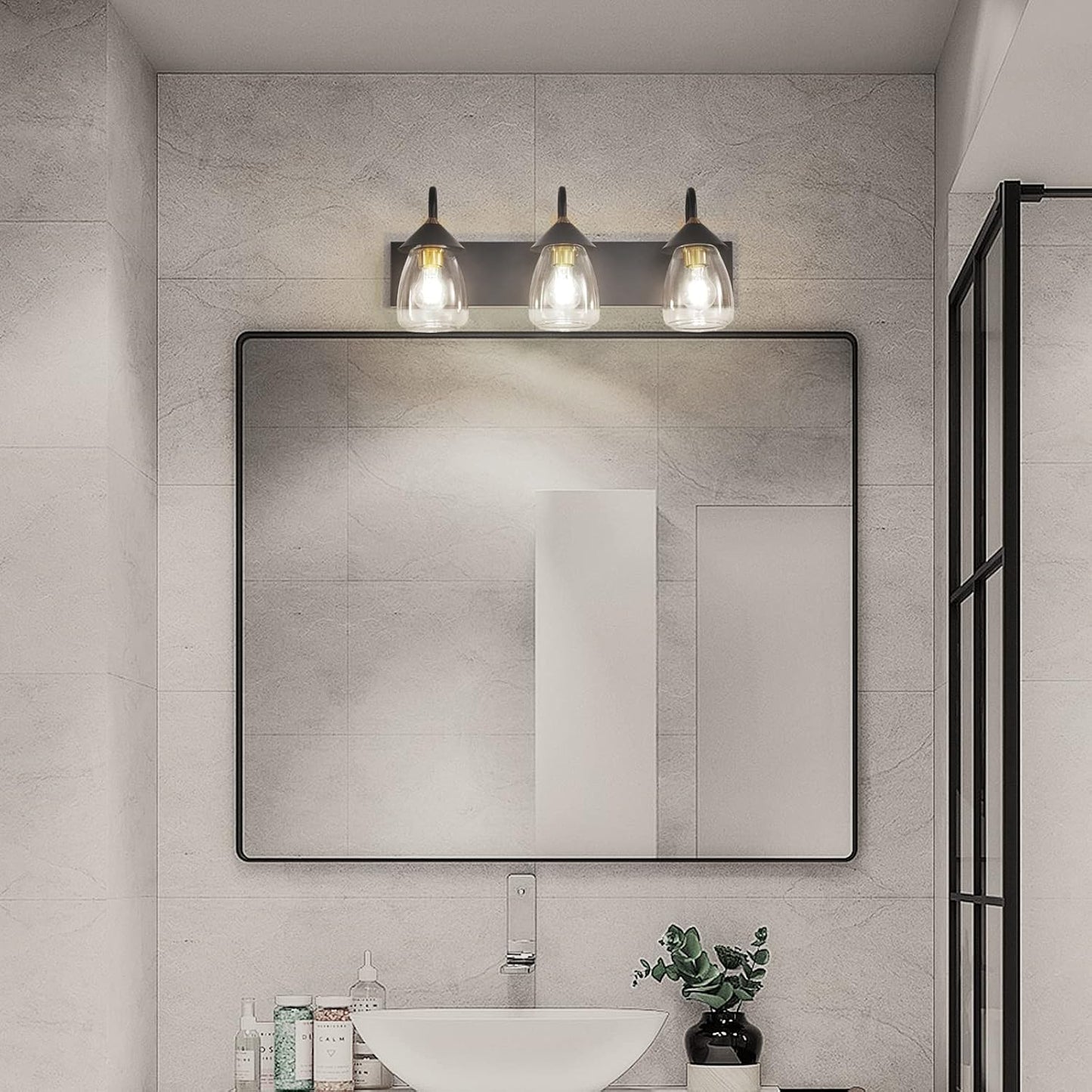 Bathroom Vanity Light 3-Lights, Bronze and Black Vanity Light for Mirror, E26 Socket Clear Glass Shade Bathroom Lights Fixture for Mirror, Bathroom, Vanity Table, Bedroom (Excluded Bulb)
