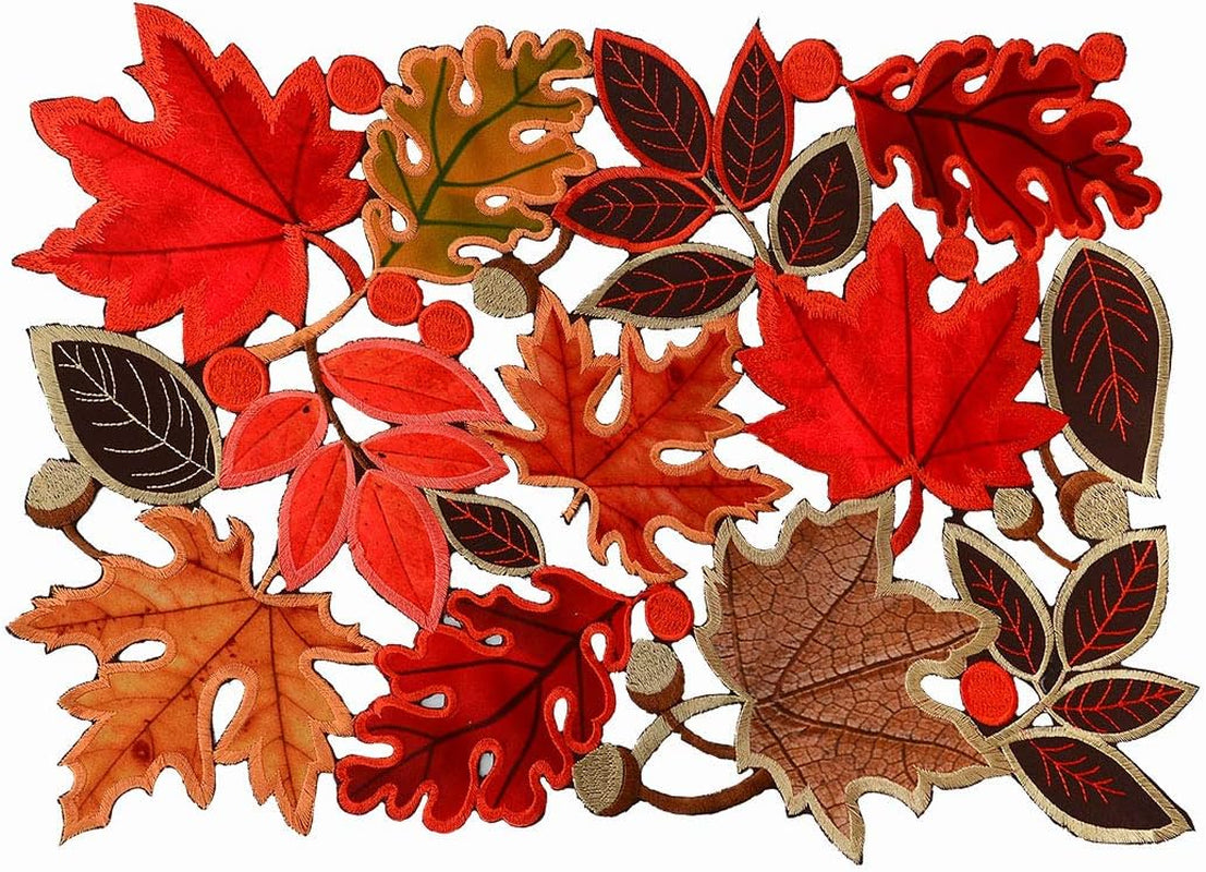 Set of 6 Embroidered Leaves Table Place-Mats for Thanksgiving, Fall or Autumn Harvest Decorations (14 Ć 20 Inches)