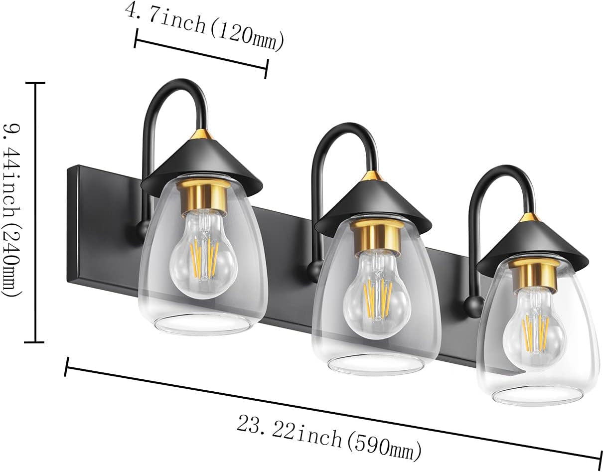 Bathroom Vanity Light 3-Lights, Bronze and Black Vanity Light for Mirror, E26 Socket Clear Glass Shade Bathroom Lights Fixture for Mirror, Bathroom, Vanity Table, Bedroom (Excluded Bulb)