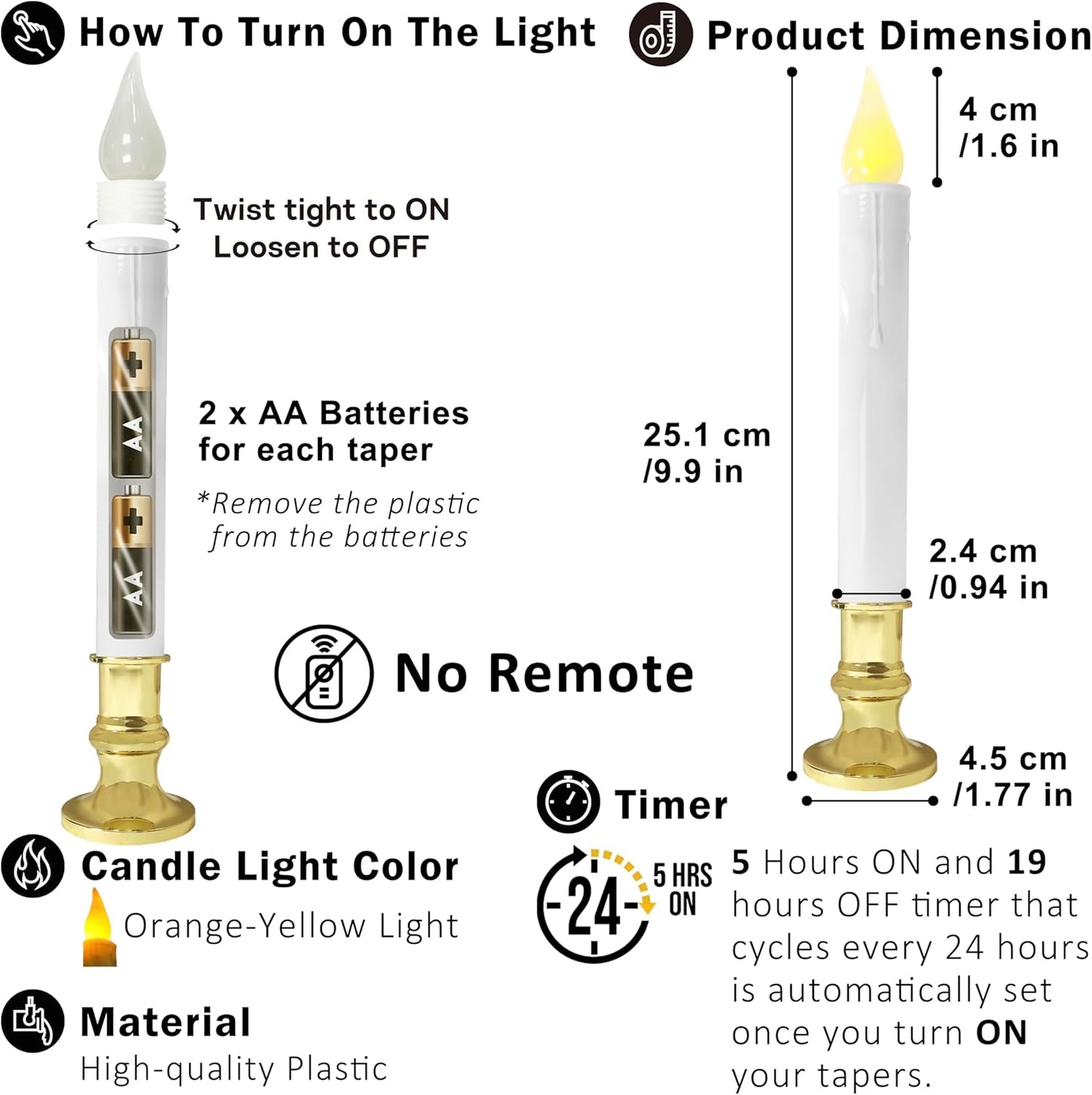 LED White Taper Candles with Gold Holders Pack of 2 with 5/19 Timer, Elegant Flameless Glow for Home Décor, Batteries Included