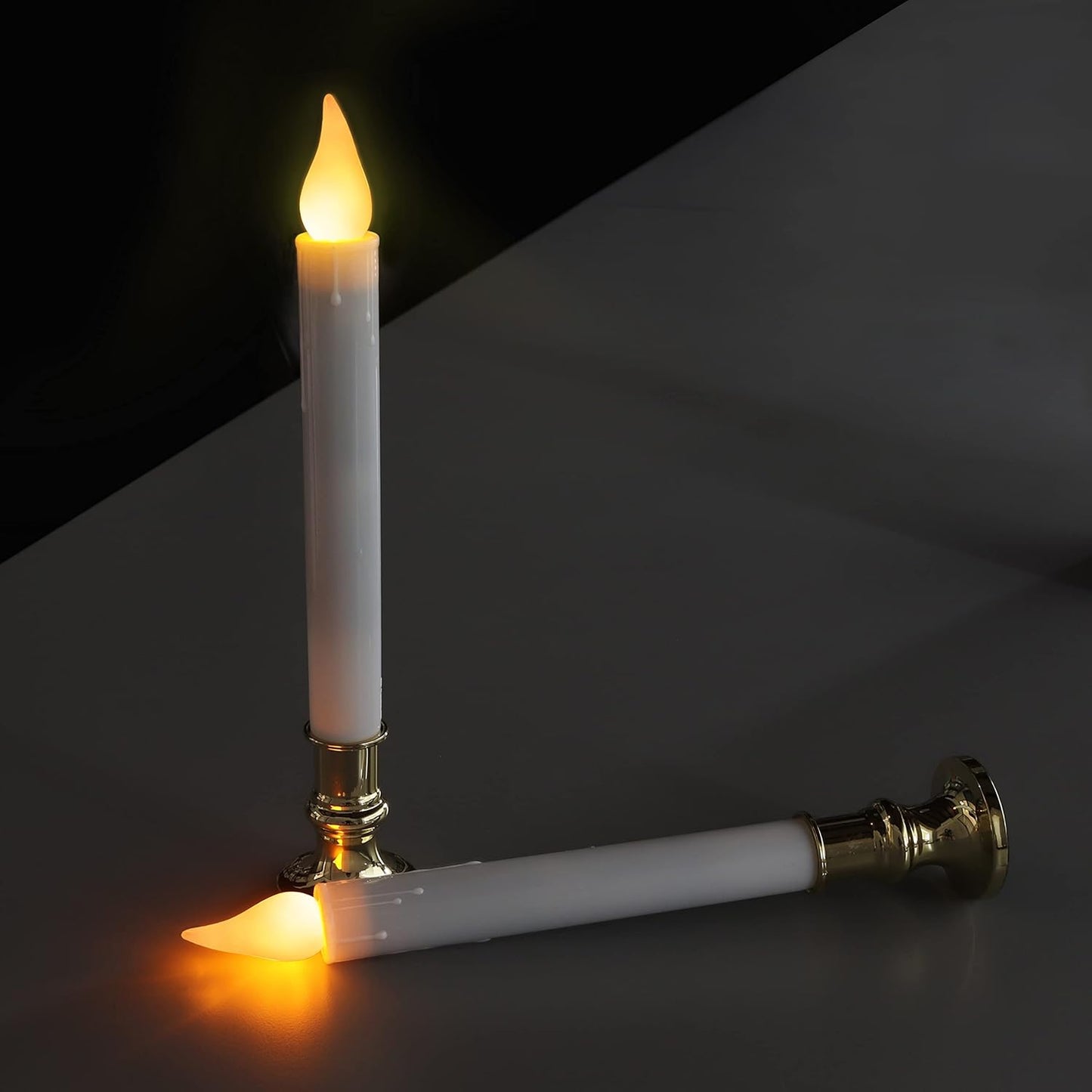 LED White Taper Candles with Gold Holders Pack of 2 with 5/19 Timer, Elegant Flameless Glow for Home Décor, Batteries Included