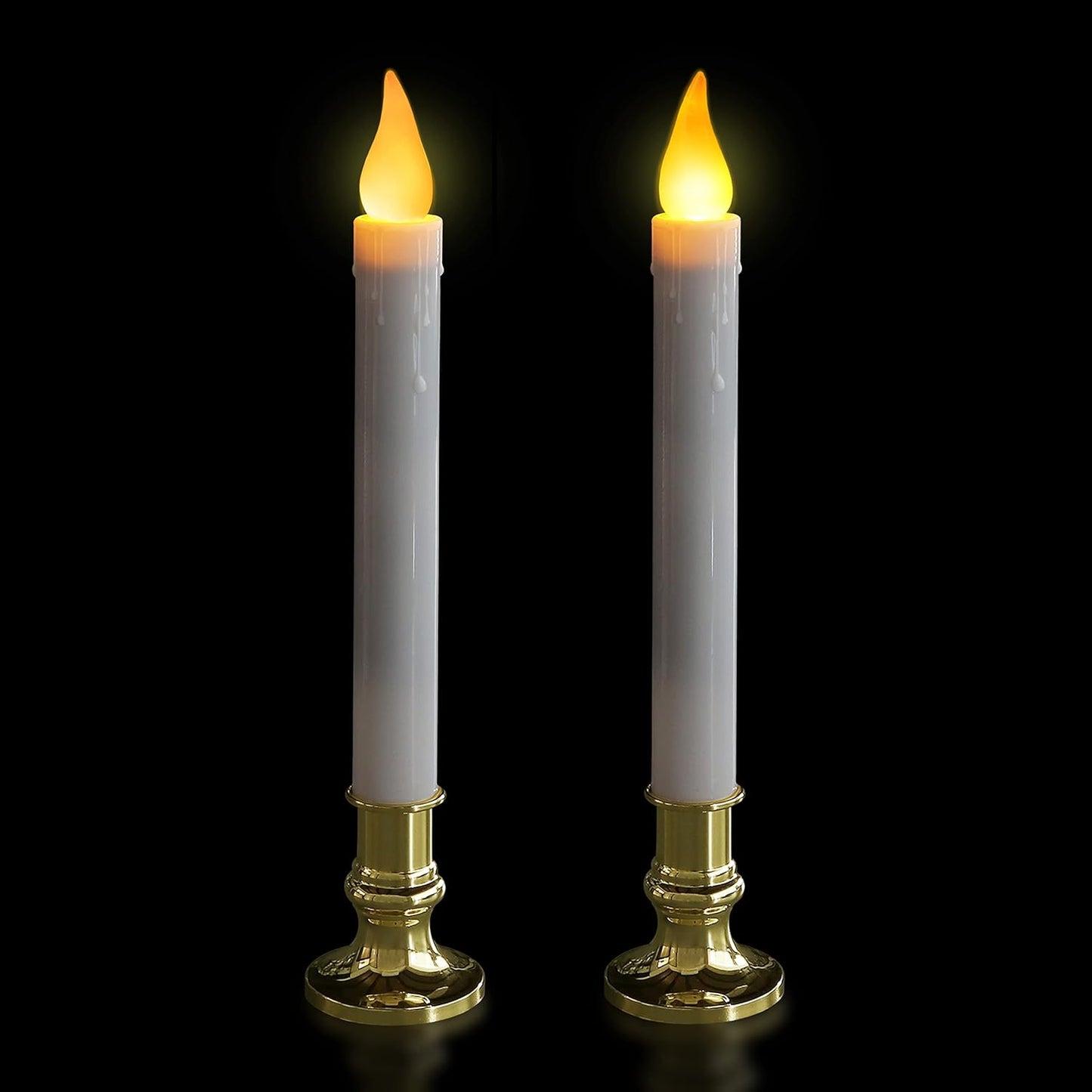 LED White Taper Candles with Gold Holders Pack of 2 with 5/19 Timer, Elegant Flameless Glow for Home Décor, Batteries Included