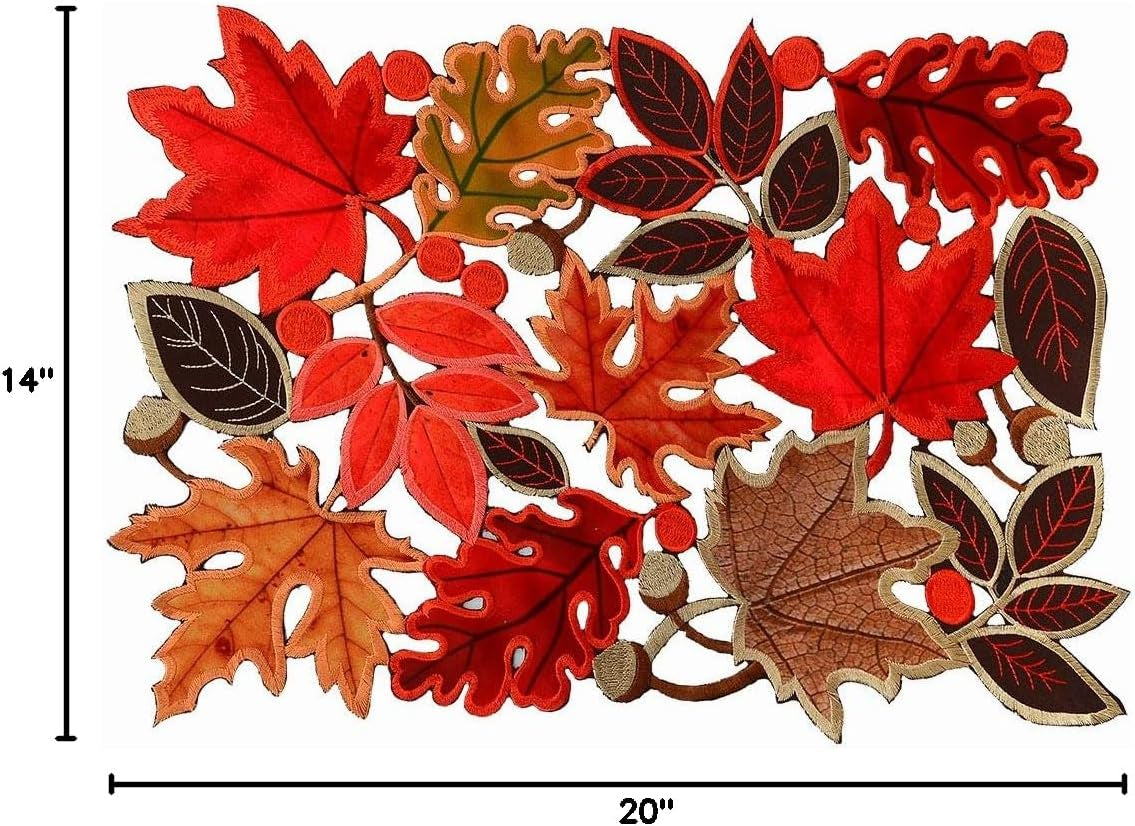 Set of 6 Embroidered Leaves Table Place-Mats for Thanksgiving, Fall or Autumn Harvest Decorations (14 Ć 20 Inches)
