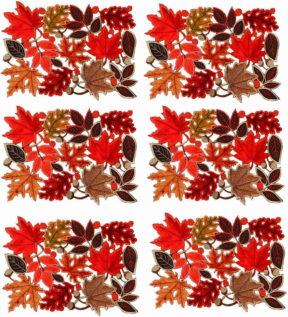 Set of 6 Embroidered Leaves Table Place-Mats for Thanksgiving, Fall or Autumn Harvest Decorations (14 Ć 20 Inches)