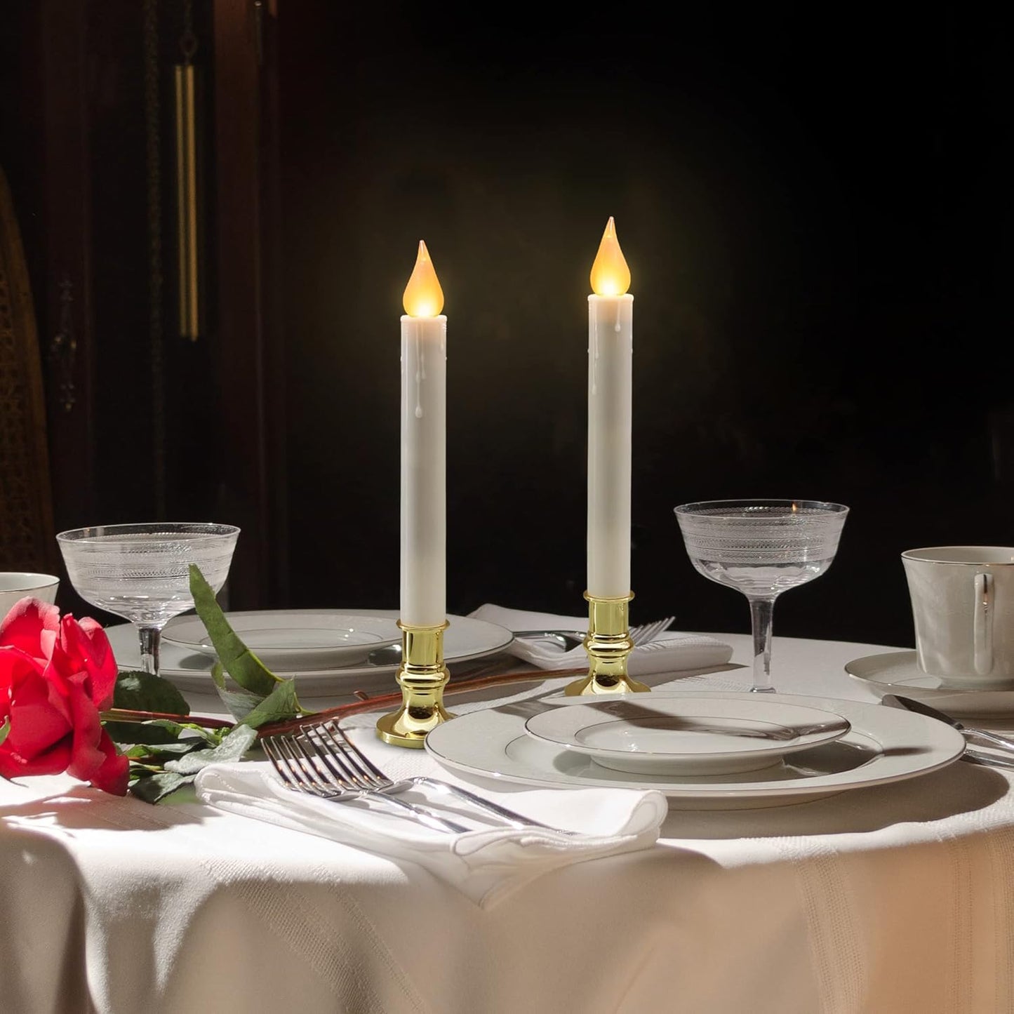 LED White Taper Candles with Gold Holders Pack of 2 with 5/19 Timer, Elegant Flameless Glow for Home Décor, Batteries Included