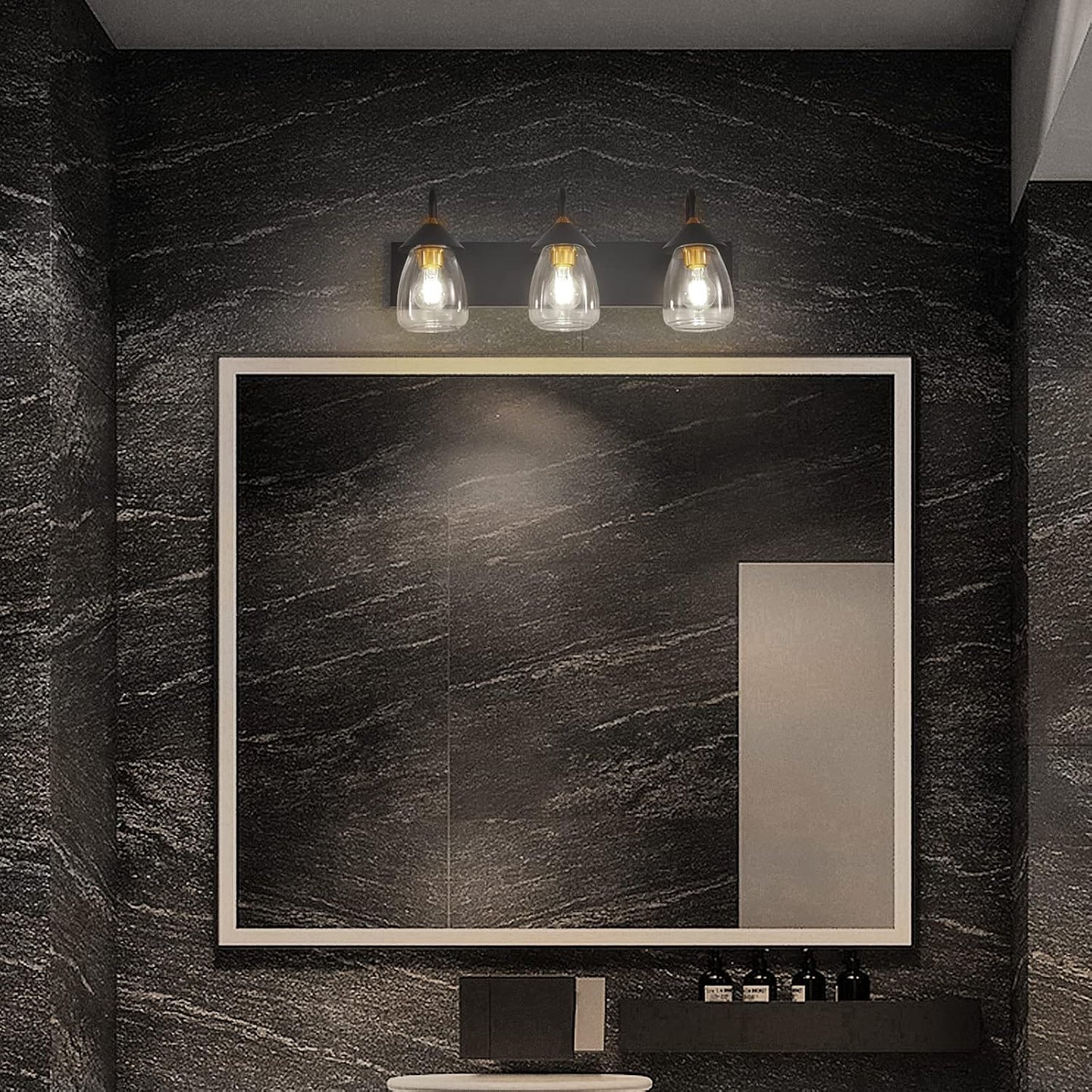 Bathroom Vanity Light 3-Lights, Bronze and Black Vanity Light for Mirror, E26 Socket Clear Glass Shade Bathroom Lights Fixture for Mirror, Bathroom, Vanity Table, Bedroom (Excluded Bulb)