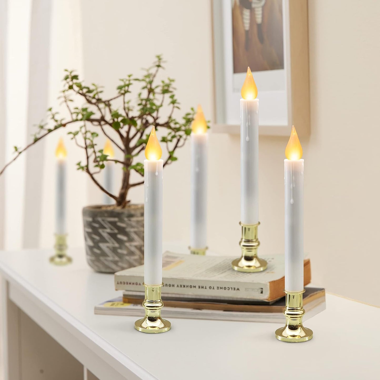 LED White Taper Candles with Gold Holders Pack of 2 with 5/19 Timer, Elegant Flameless Glow for Home Décor, Batteries Included