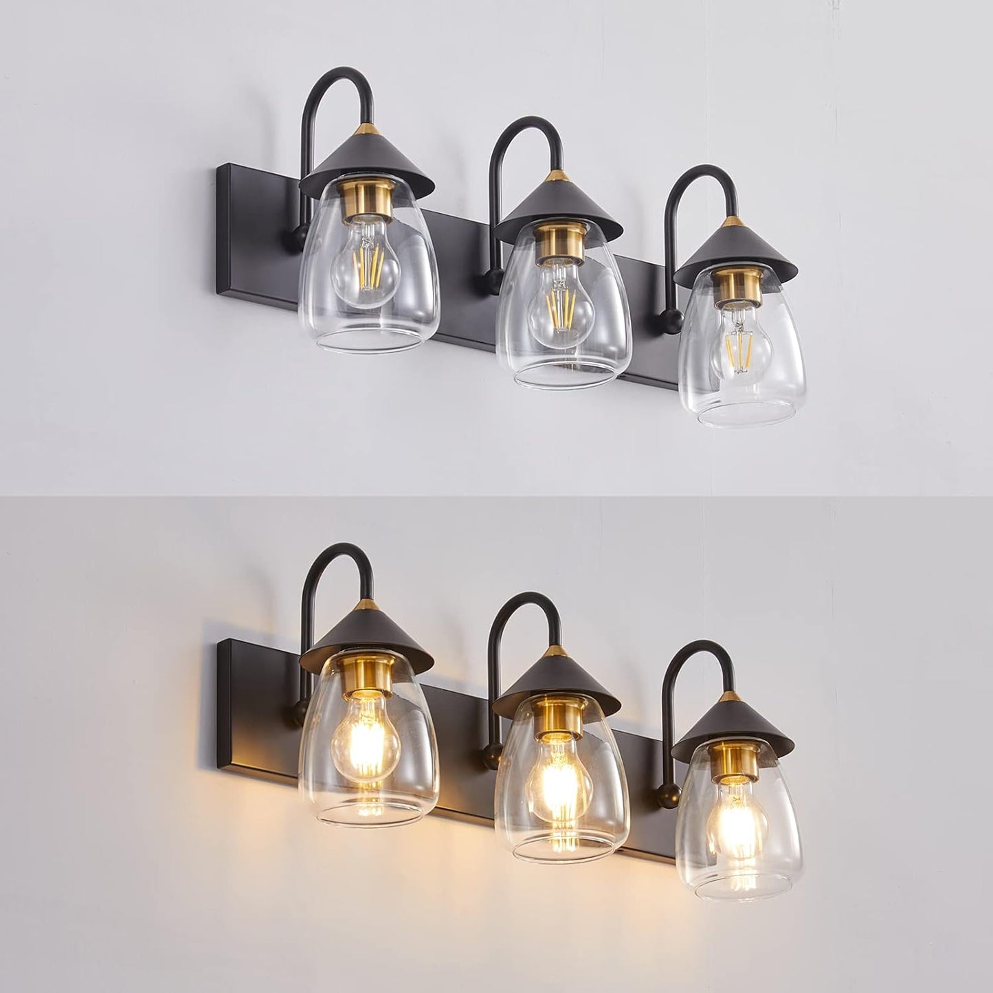 Bathroom Vanity Light 3-Lights, Bronze and Black Vanity Light for Mirror, E26 Socket Clear Glass Shade Bathroom Lights Fixture for Mirror, Bathroom, Vanity Table, Bedroom (Excluded Bulb)