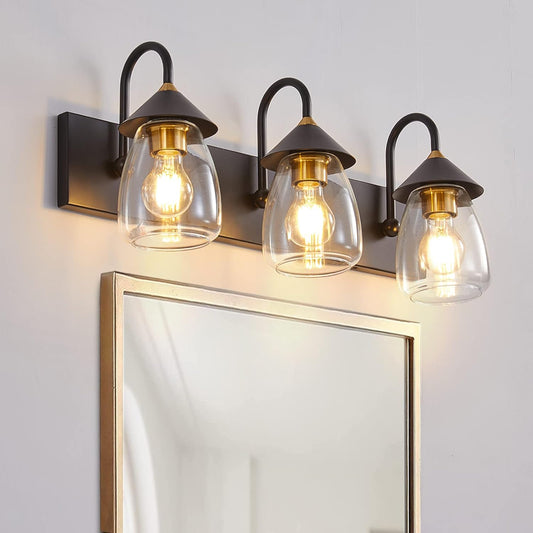 Bathroom Vanity Light 3-Lights, Bronze and Black Vanity Light for Mirror, E26 Socket Clear Glass Shade Bathroom Lights Fixture for Mirror, Bathroom, Vanity Table, Bedroom (Excluded Bulb)