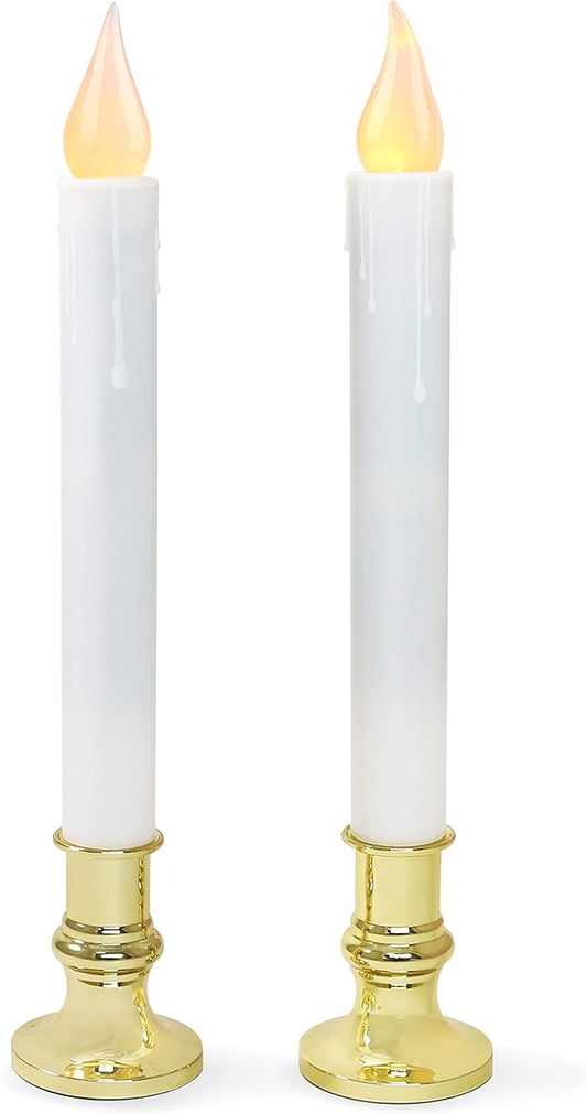 LED White Taper Candles with Gold Holders Pack of 2 with 5/19 Timer, Elegant Flameless Glow for Home Décor, Batteries Included
