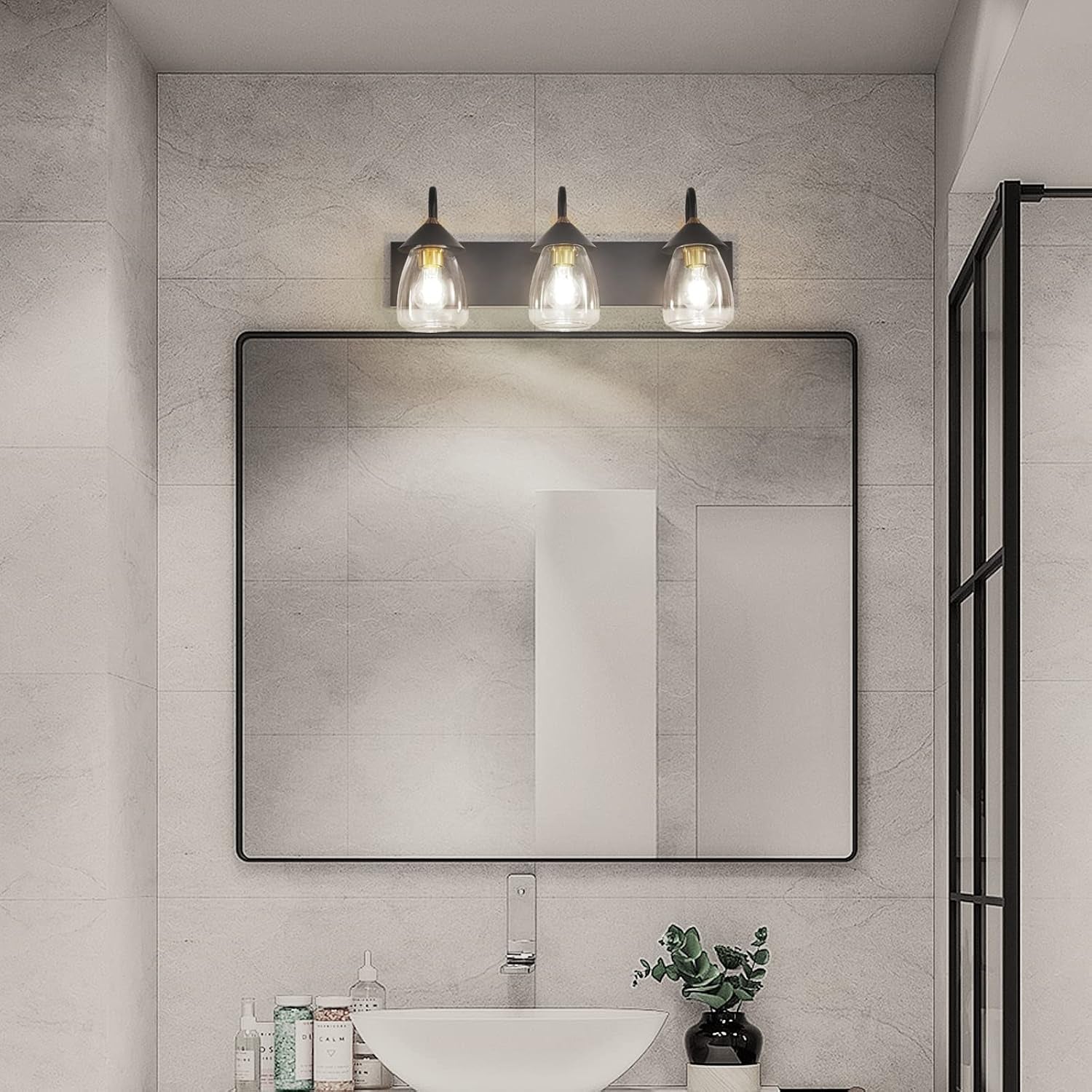 Bathroom Vanity Light 3-Lights, Bronze and Black Vanity Light for Mirror, E26 Socket Clear Glass Shade Bathroom Lights Fixture for Mirror, Bathroom, Vanity Table, Bedroom (Excluded Bulb)