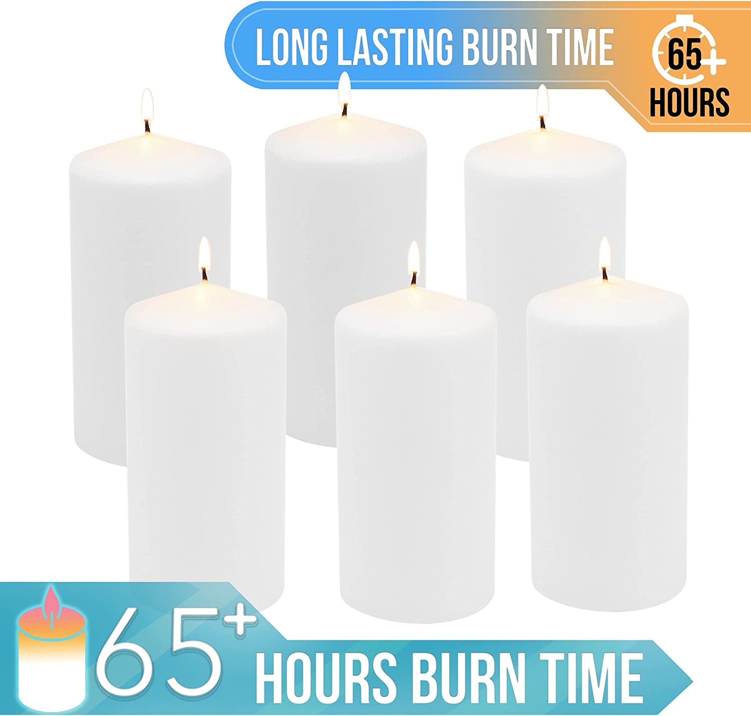 Unscented White Tall Pillar Candles, 65 Hour Burning Candle Pillars, Perfect for Decor, Weddings, Emergencies 3" X 6", 6 Count