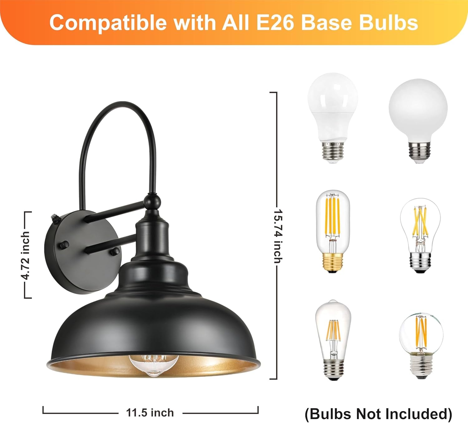 2-Pack Dusk to Dawn Outdoor Barn Lights, Black Classic Industrial Wall Sconce Suitable for a Variety of E26 Bulbs, Exterior Gooseneck Wall Light Fixture for Farmhouse Barn Garage House.
