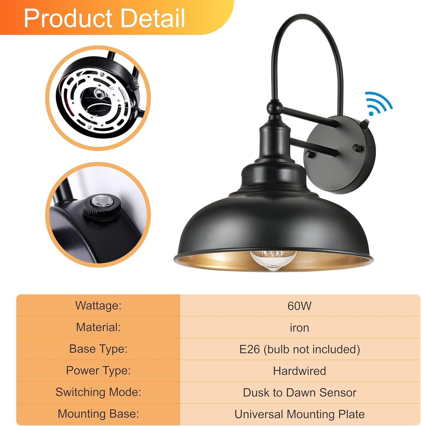 2-Pack Dusk to Dawn Outdoor Barn Lights, Black Classic Industrial Wall Sconce Suitable for a Variety of E26 Bulbs, Exterior Gooseneck Wall Light Fixture for Farmhouse Barn Garage House.
