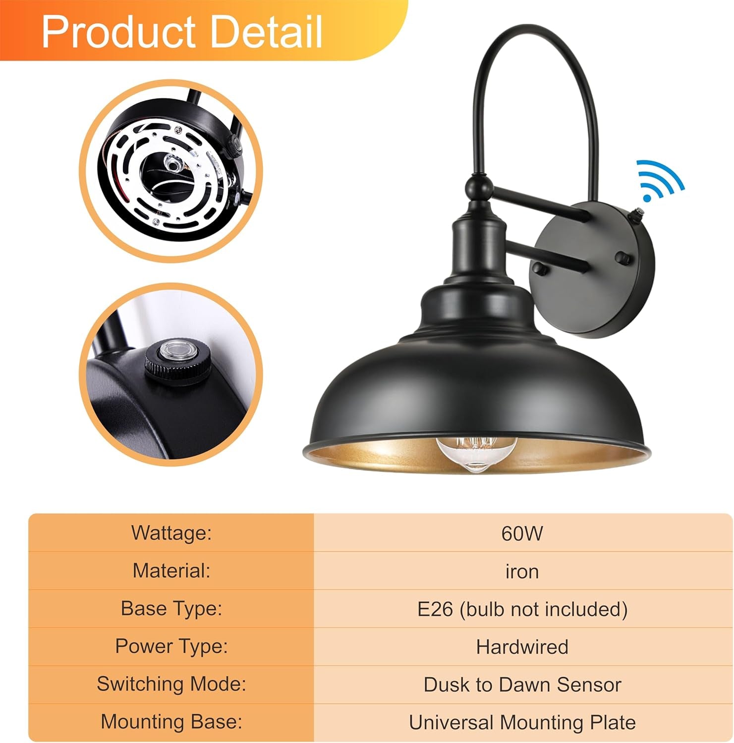 2-Pack Dusk to Dawn Outdoor Barn Lights, Black Classic Industrial Wall Sconce Suitable for a Variety of E26 Bulbs, Exterior Gooseneck Wall Light Fixture for Farmhouse Barn Garage House.