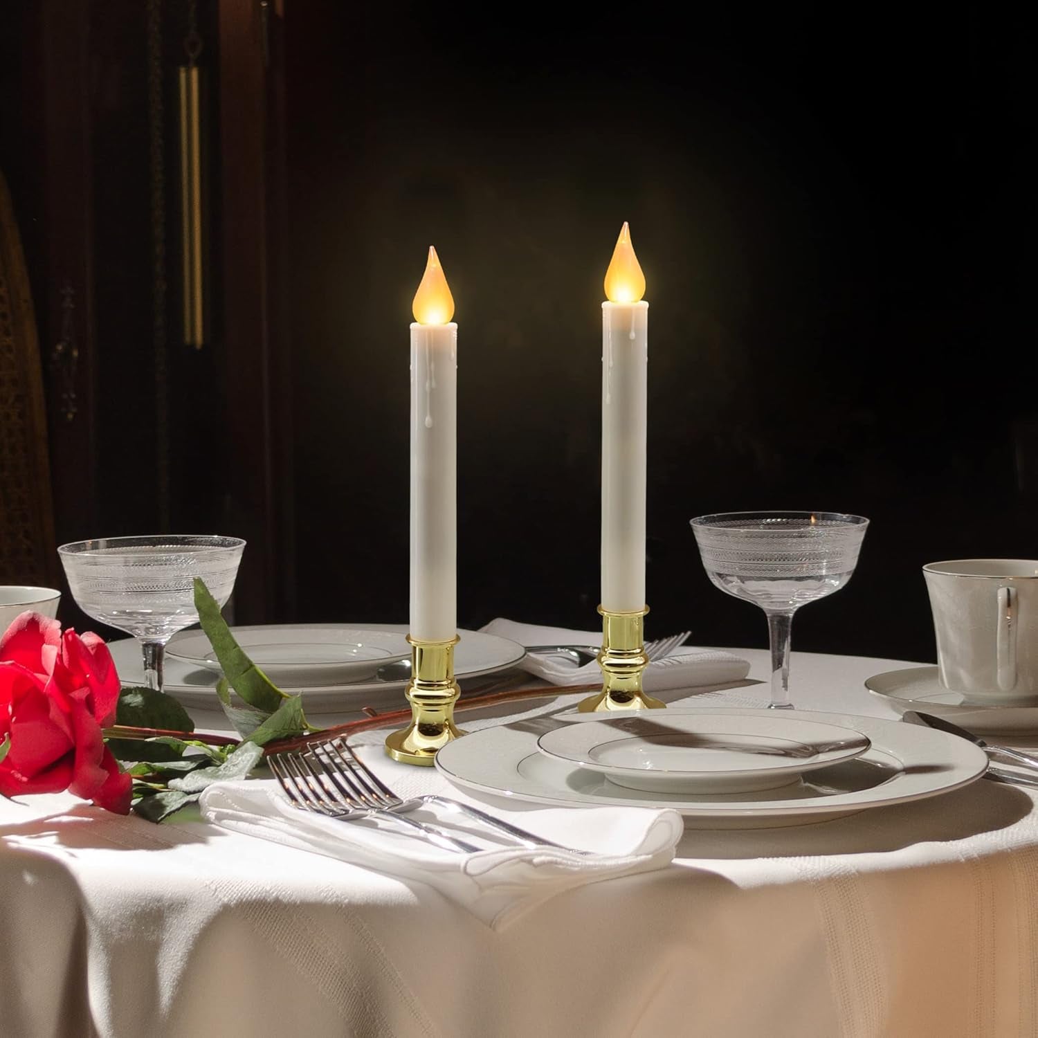 LED White Taper Candles with Gold Holders Pack of 2 with 5/19 Timer, Elegant Flameless Glow for Home Décor, Batteries Included