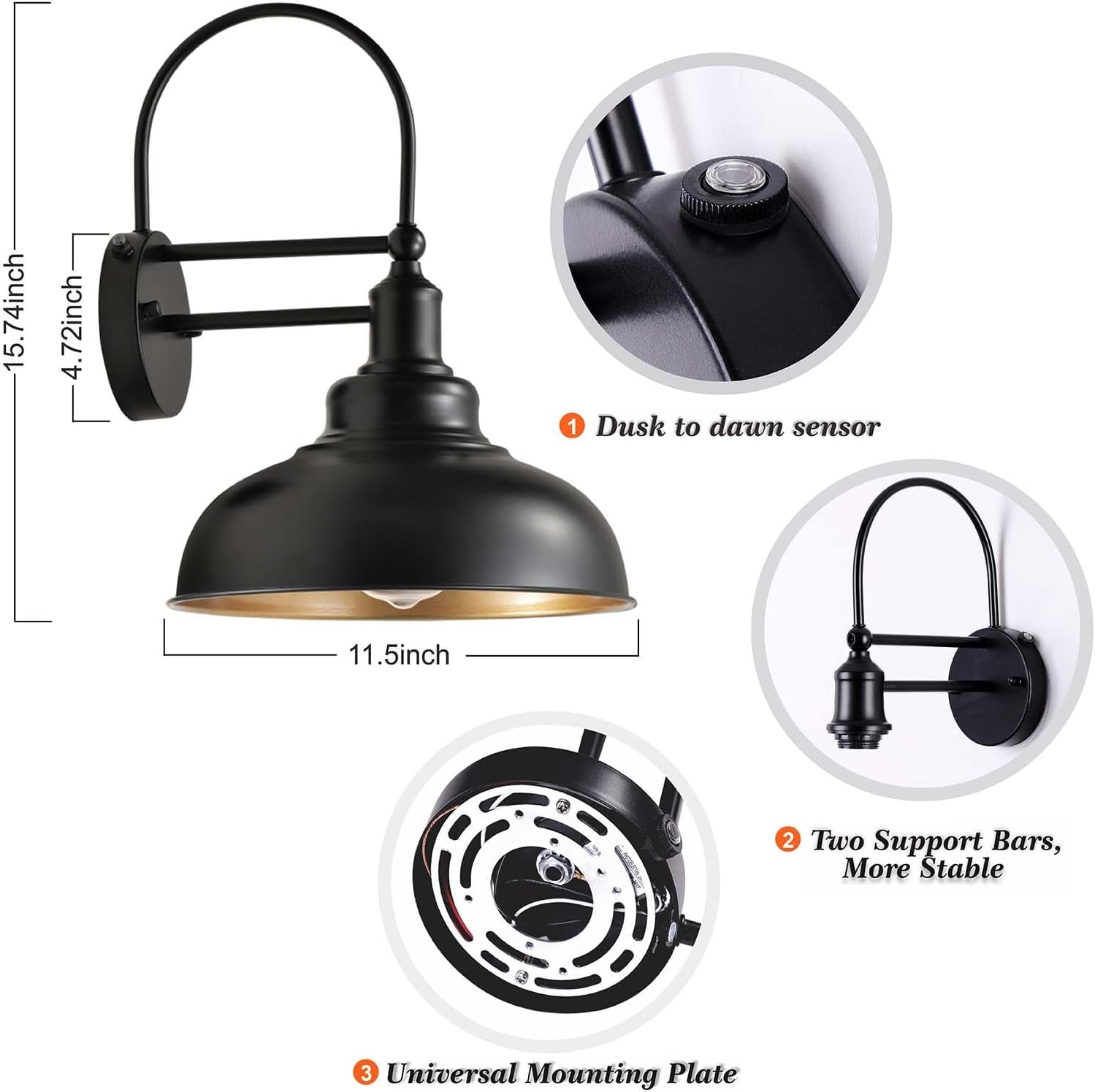 2-Pack Dusk to Dawn Outdoor Barn Lights, Black Classic Industrial Wall Sconce Suitable for a Variety of E26 Bulbs, Exterior Gooseneck Wall Light Fixture for Farmhouse Barn Garage House.
